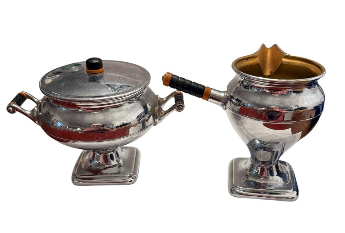 Vintage Manning Bowman Chrome Sugar Bowl & Creamer Set Art Deco Meriden CT