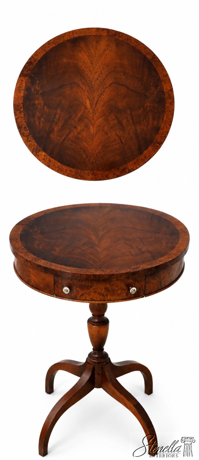 LF73620: Round Burl Walnut & Mahogany 1 Drawer Pedestal Table