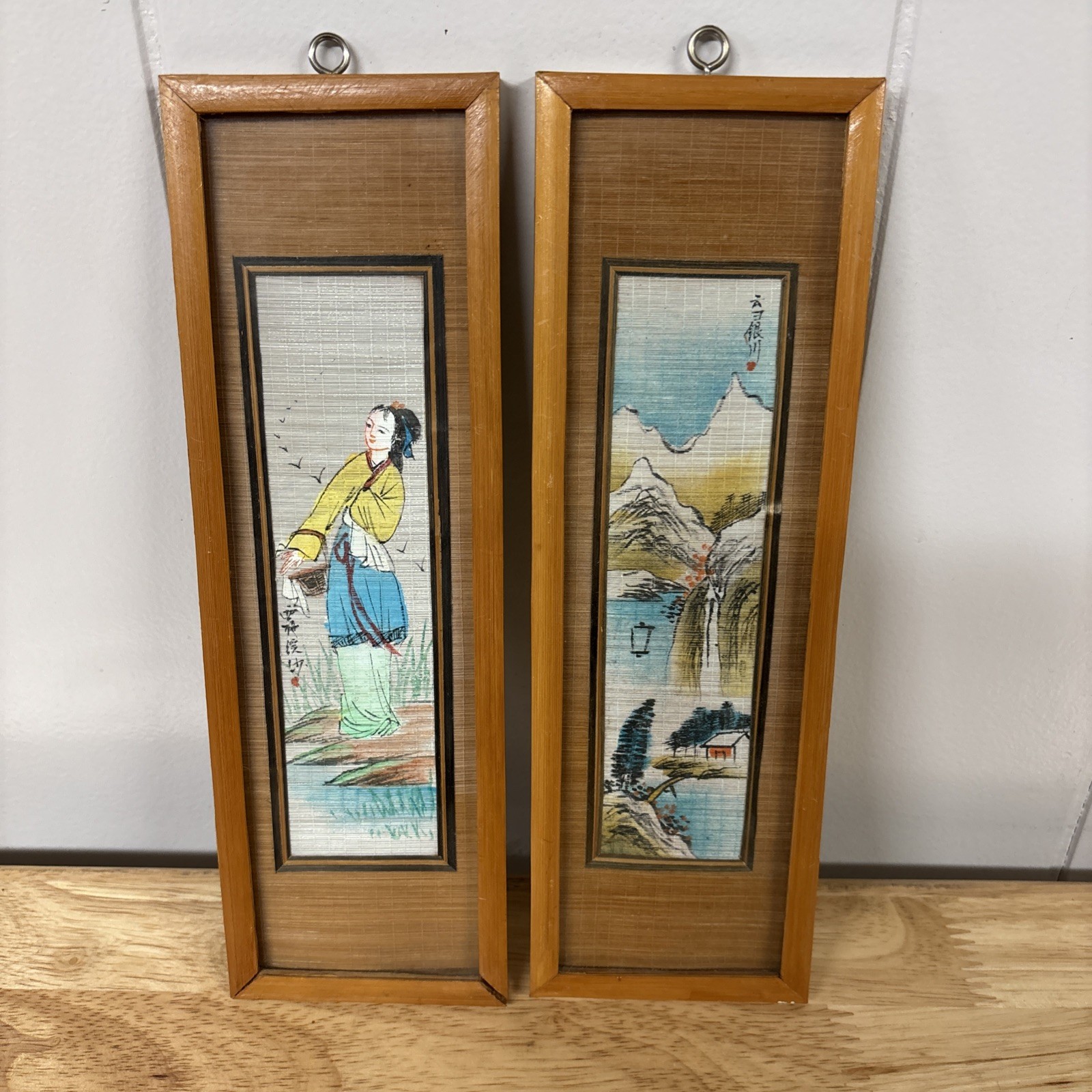 Vtg Framed Chinese Hand Painted Screens Set Of Two 10”x3” Landscape Woman ROC