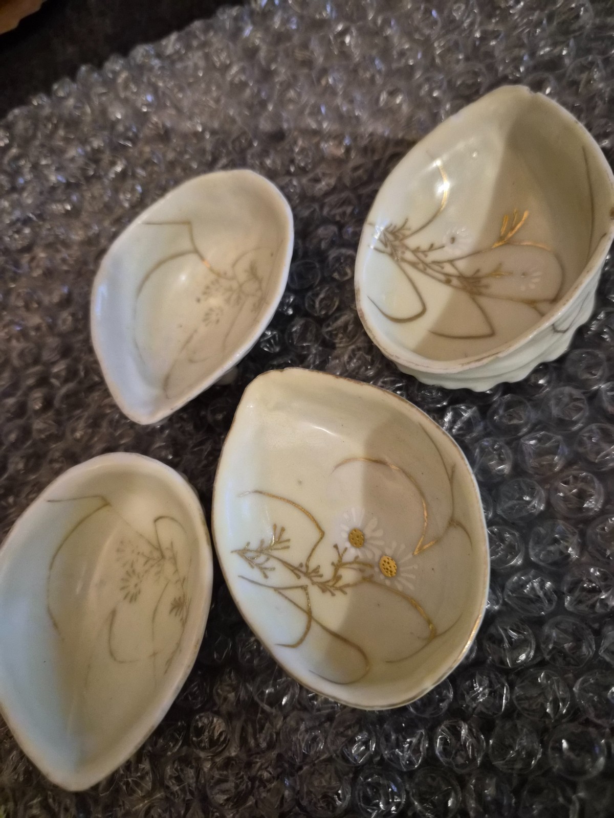Antique Japanese Porcelain Shell mini 2-3 inch” Cups, Gold Hand-Painted Design