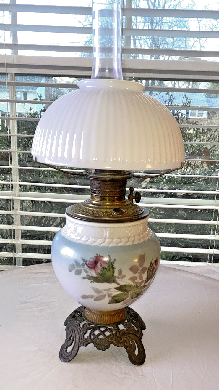 M&W PARLOR OIL LAMP ELEGANT DECORATED ROSES MILK GLASS TRIM & SHADE ANTIQUE