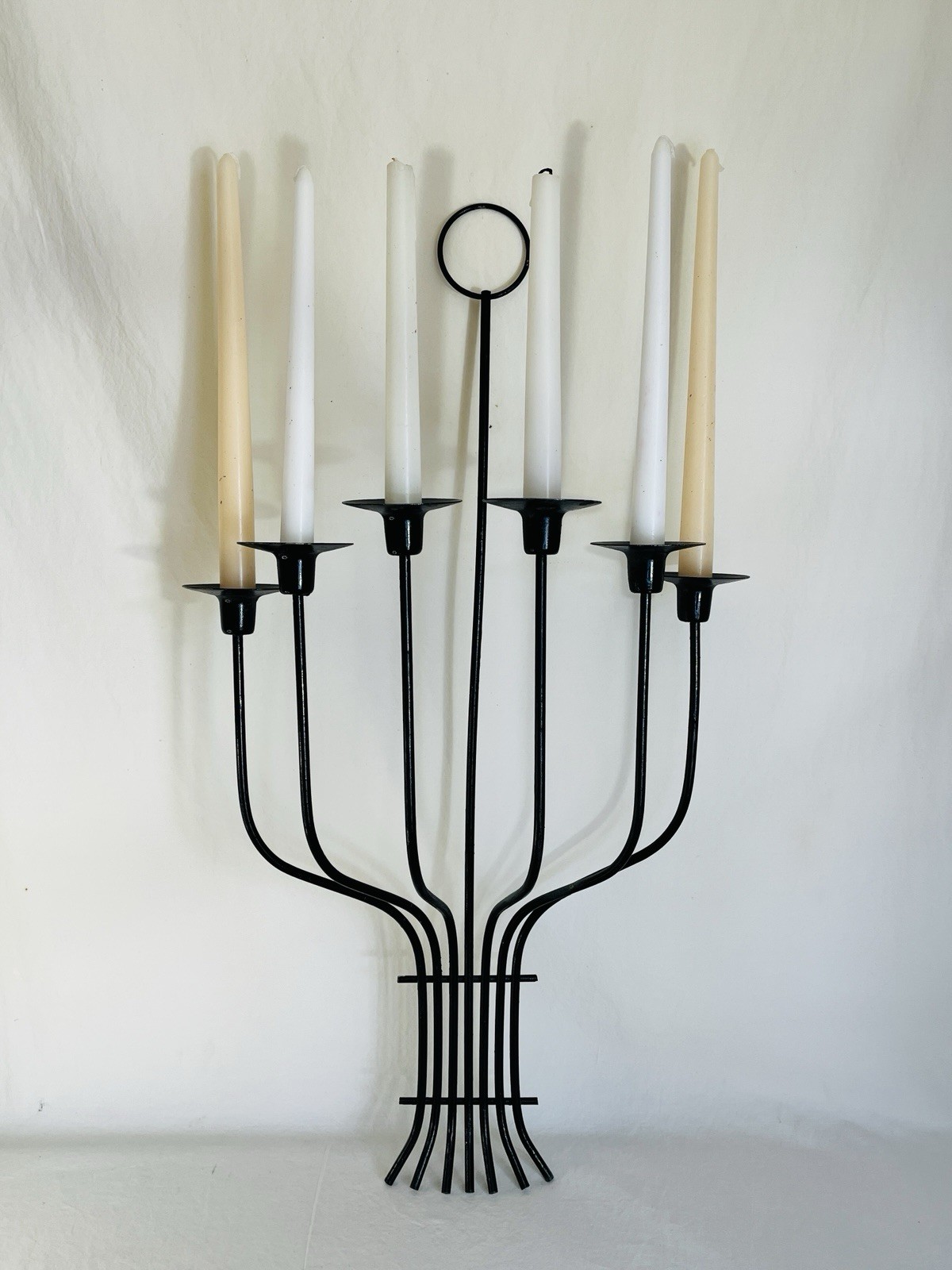 Vintage Iron Wall Candelabra MCM Six Arm Candle Sconce