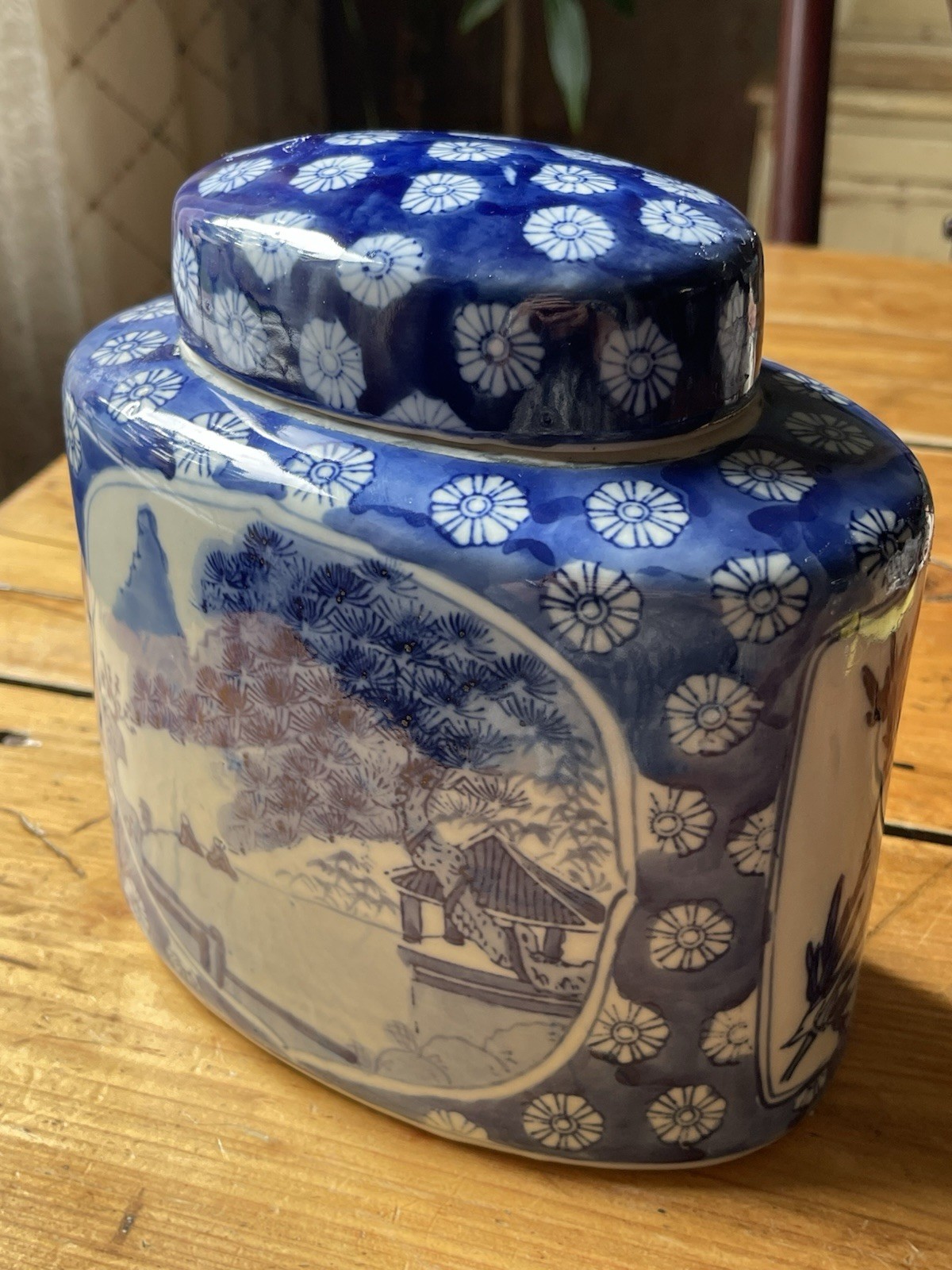 VintageChinese Tea Caddy Pagota Plum Flower Blue and White Figural and Landscape