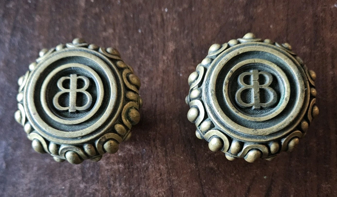 Ornate Pair of Antique Monogrammed Cast Brass Doorknobs-BB-Crown or Melon Shape