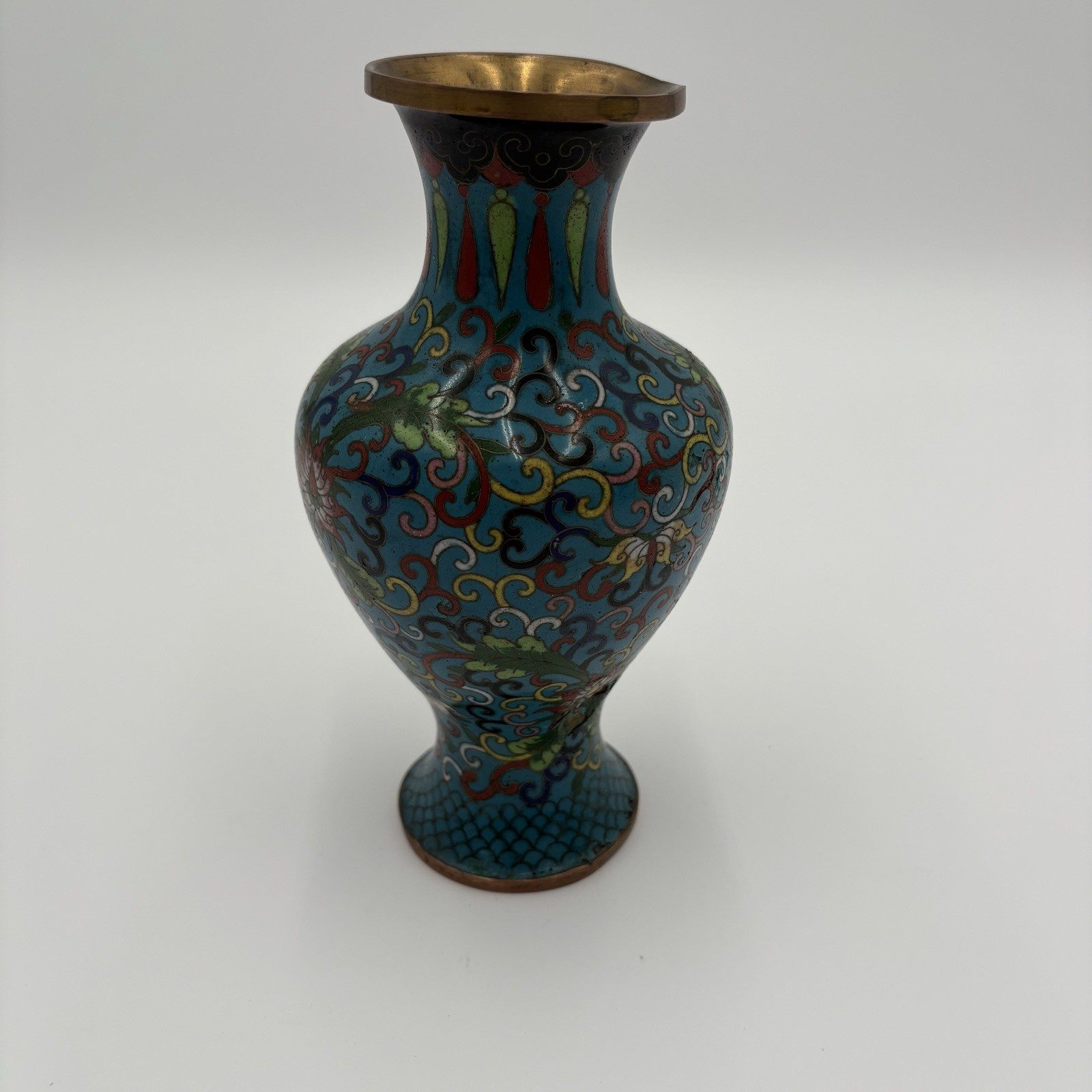 Vintage Mid 19th Century Chinese Cloisonné Vase Multicolor Intricate Design 8”