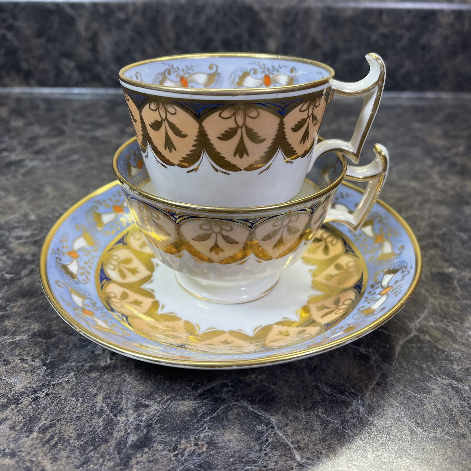 Rare Light Blue Peach Ridgway London Shape Tea Coffee Cup Saucer Trio 2/20 c1825
