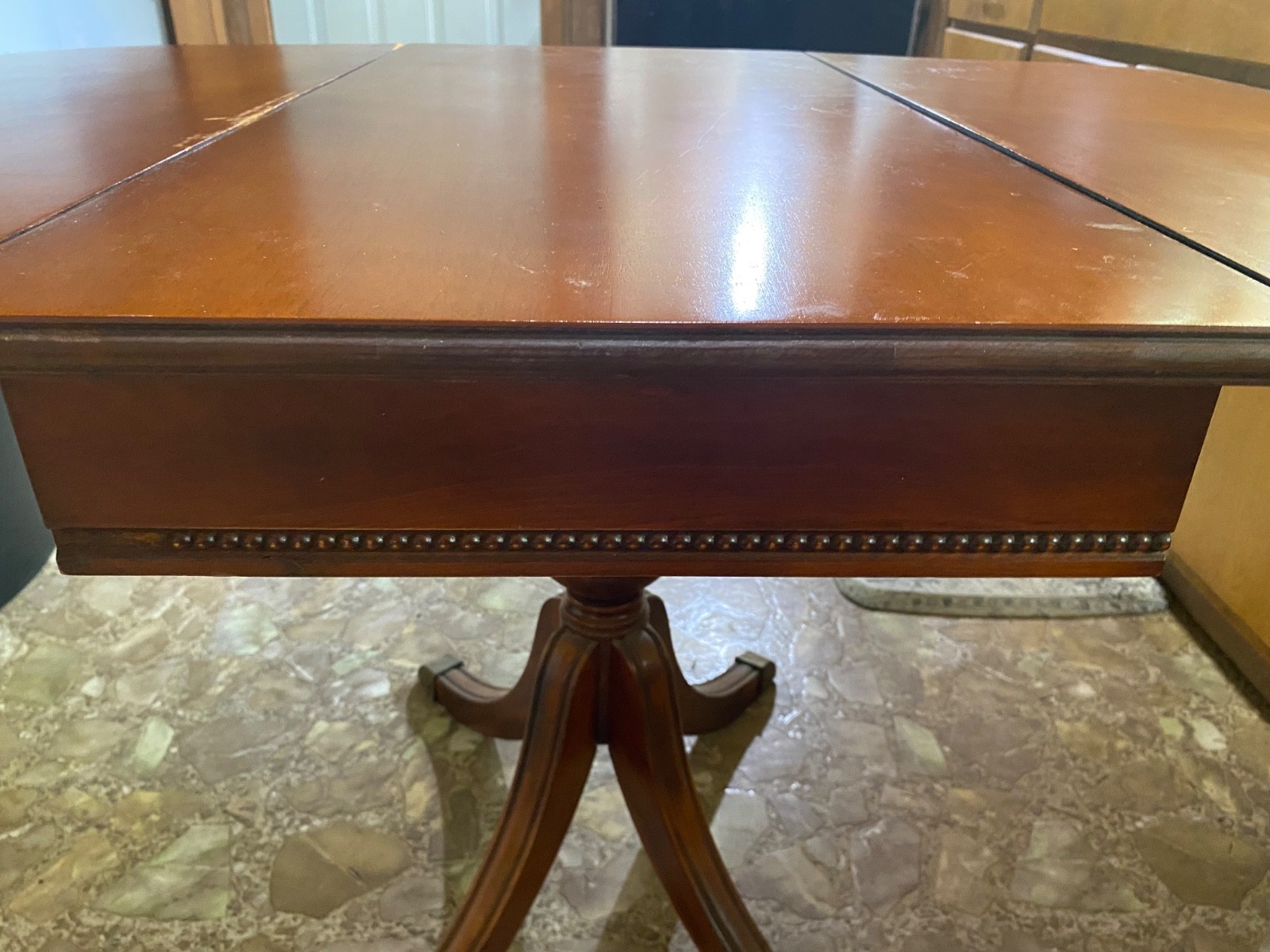 Duncan Phyfe, Antique Brown Drop Leaf Table, good condition has some scuffs.