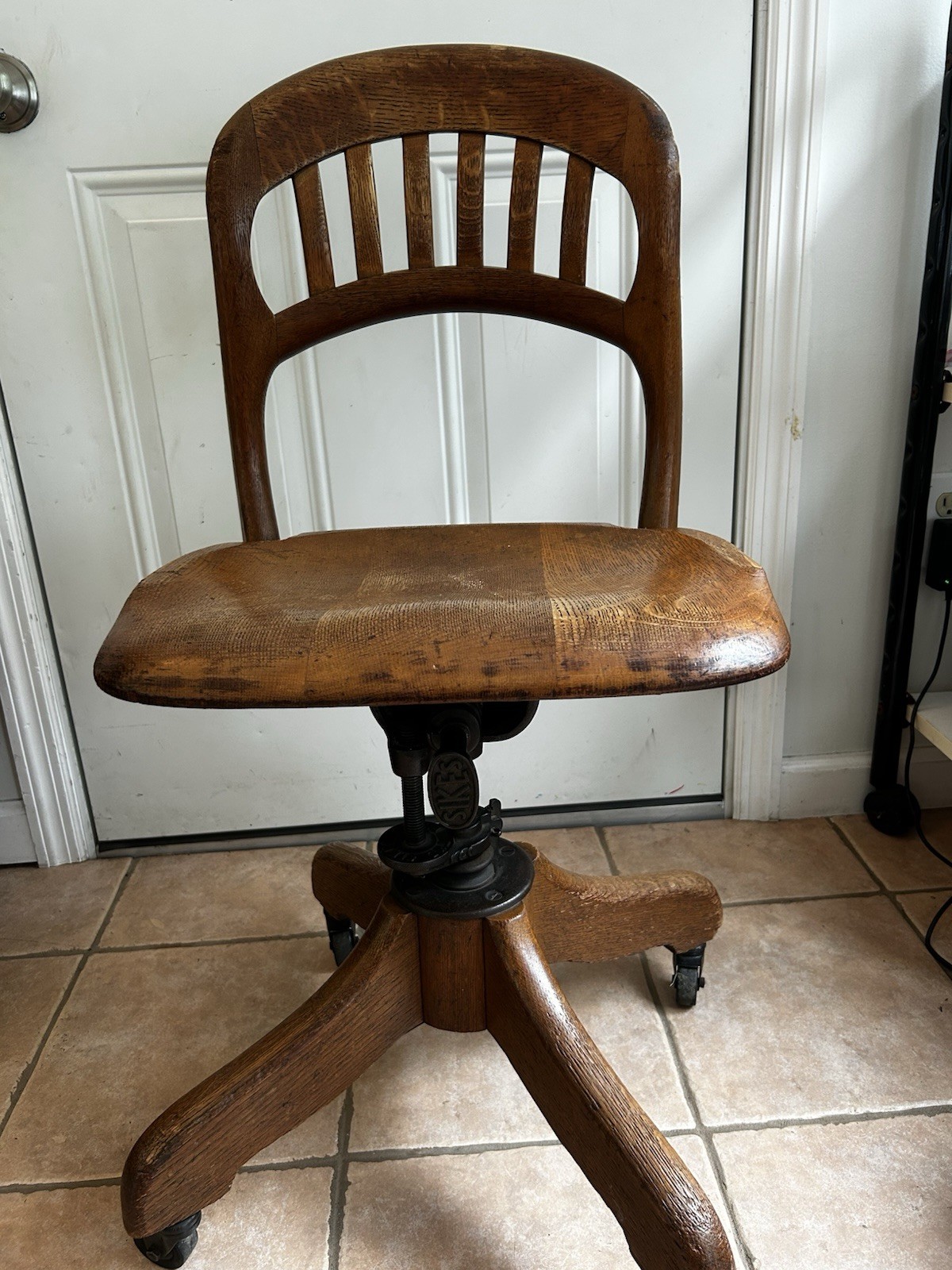 Antique Sikes Wooden Banker Chair Swivel Reclines Casters Serial Number