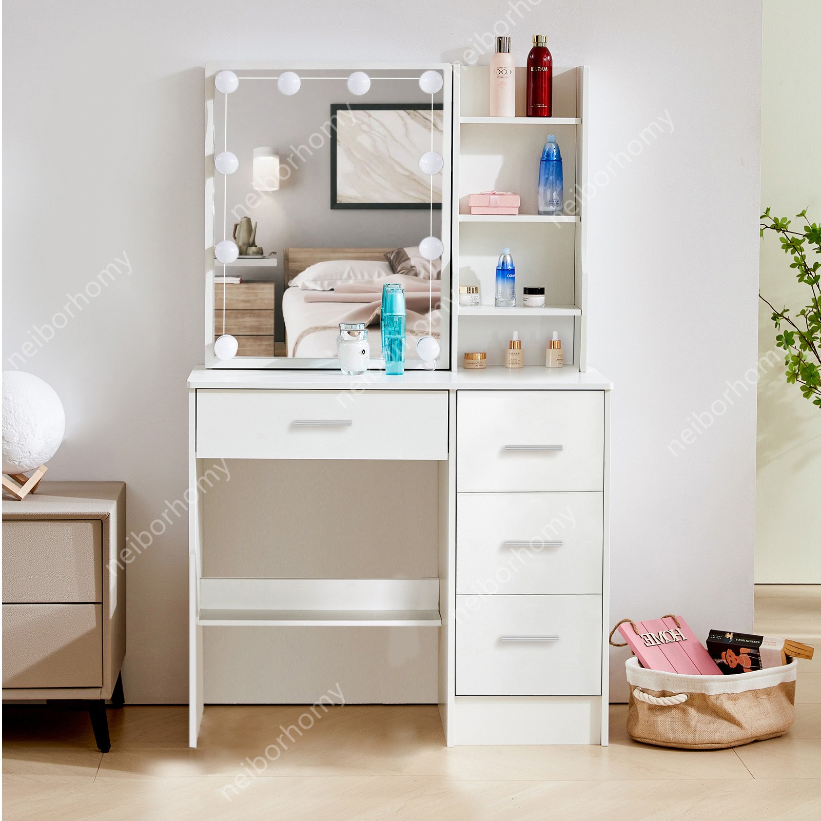 Small Vanity Desk Set White Dressing Table Desk and Drawer LED Makeup Mirror