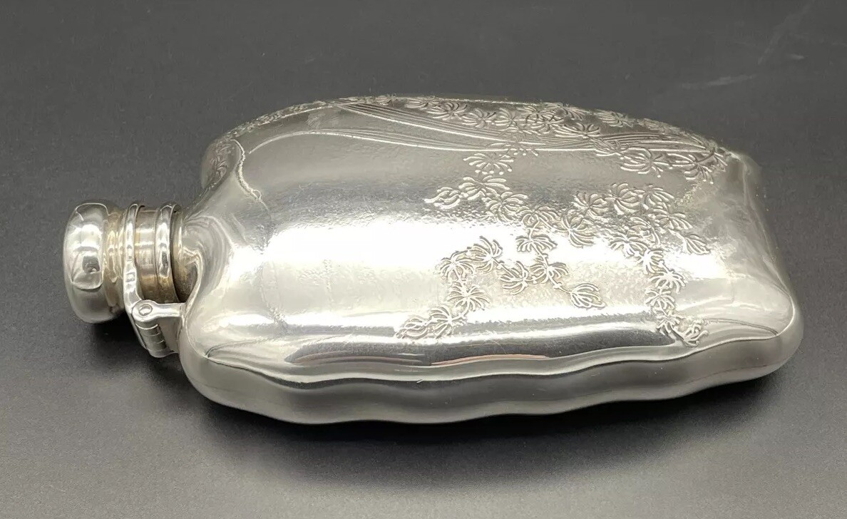 Whiting Aesthetic Sterling Silver Flask Acid Etched Floral Decorations 1880’s