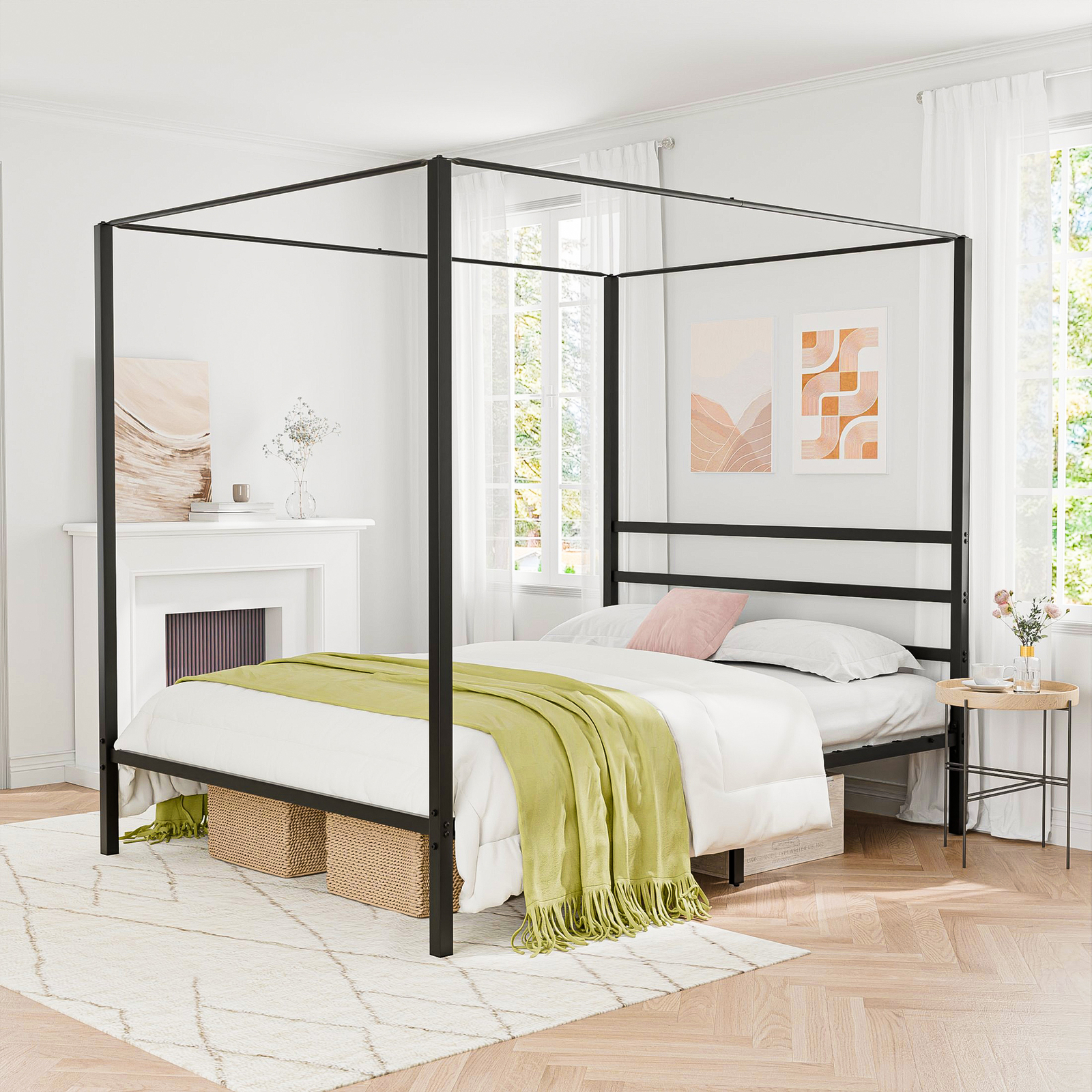 Queen Size Canopy Bed Frame Sturdy w/ Built-in Headboard Under Bed Storage Space