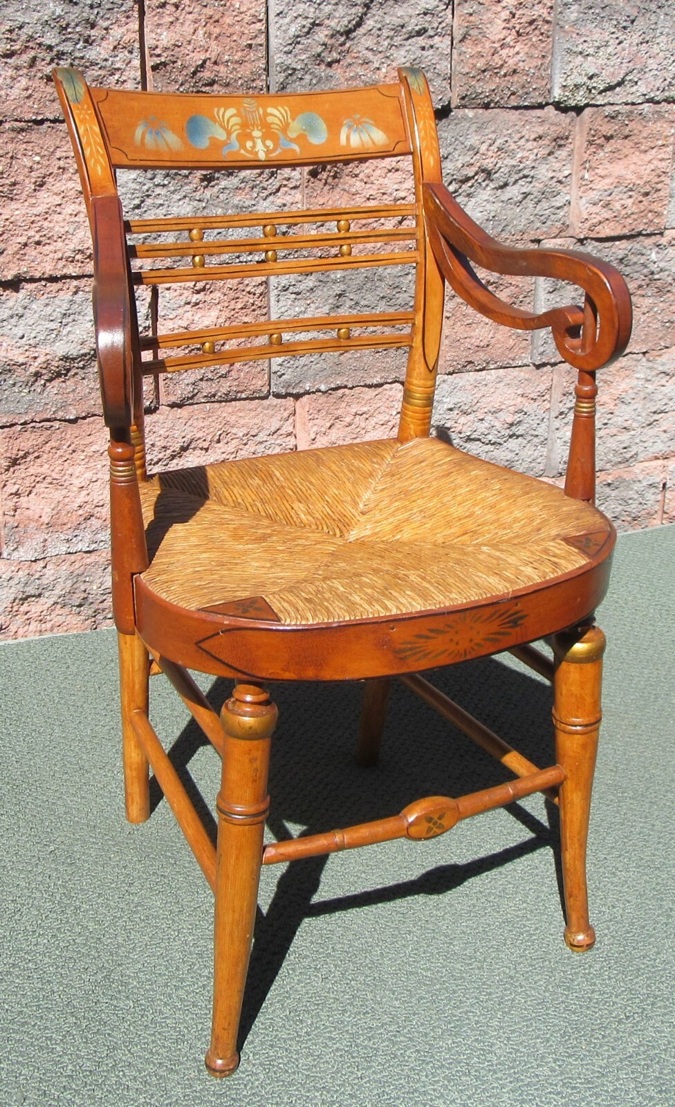 Early 19th C Radical Back Scroll Arm American Fancy Paint Decorated Side Chair