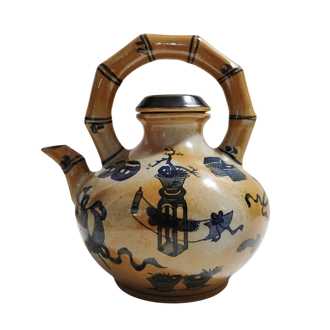 Chinese Glazed Ceramic Teapot | Bamboo-Shaped Top-Handle | Hand Painted | 10″