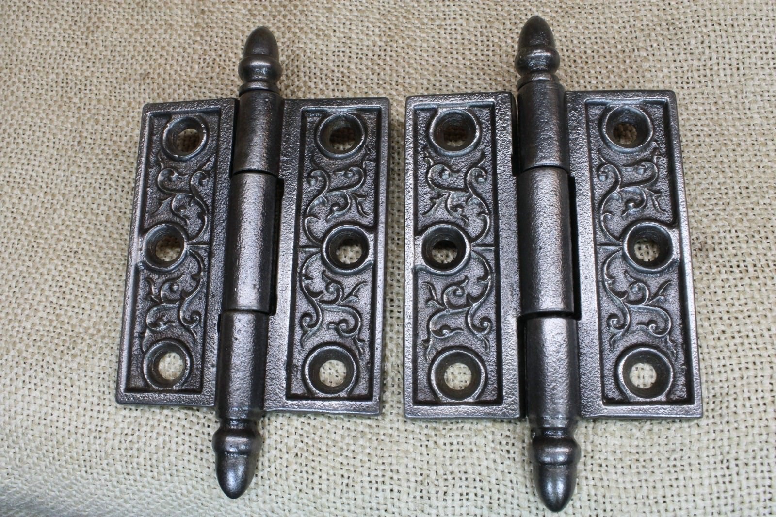 2 Old Door Hinges 3 X 2 1/2″ Acorn Top Pins Vintage 1880’s Victorian Iron Vines