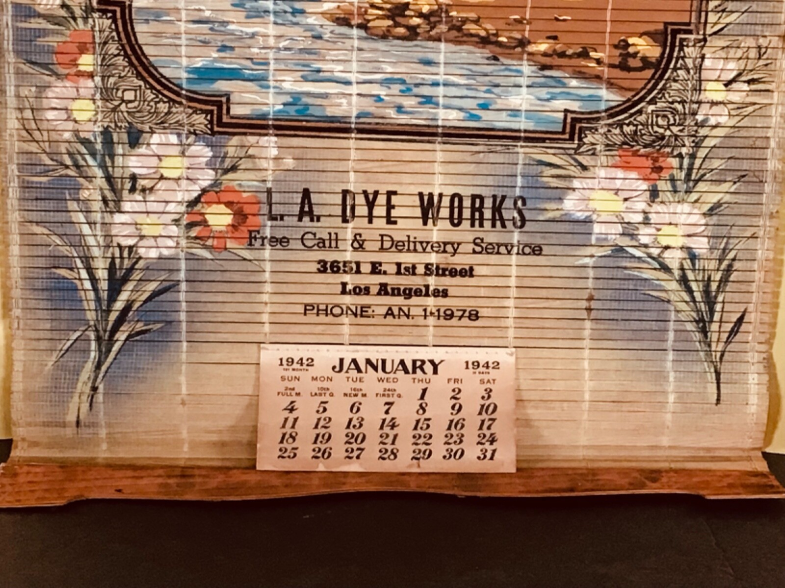 1942 CHINESE BAMBOO SCROLL CALENDAR L A DYE WORKS LOS ANGELES CA