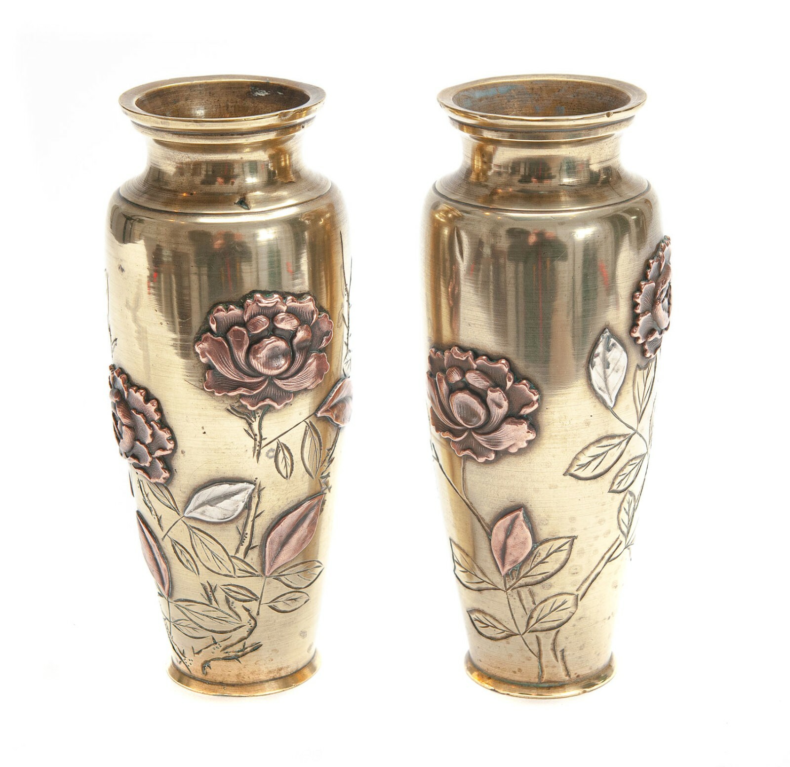 Pair Japanese Meiji Mixed Metal Vases – Brass Copper Silver – Antique