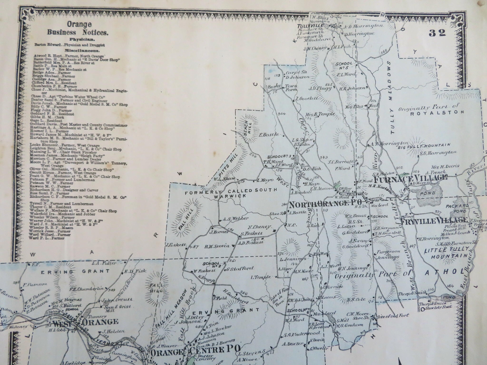 Orange Franklin County Massachusetts 1871 F.W. Beers detailed township map
