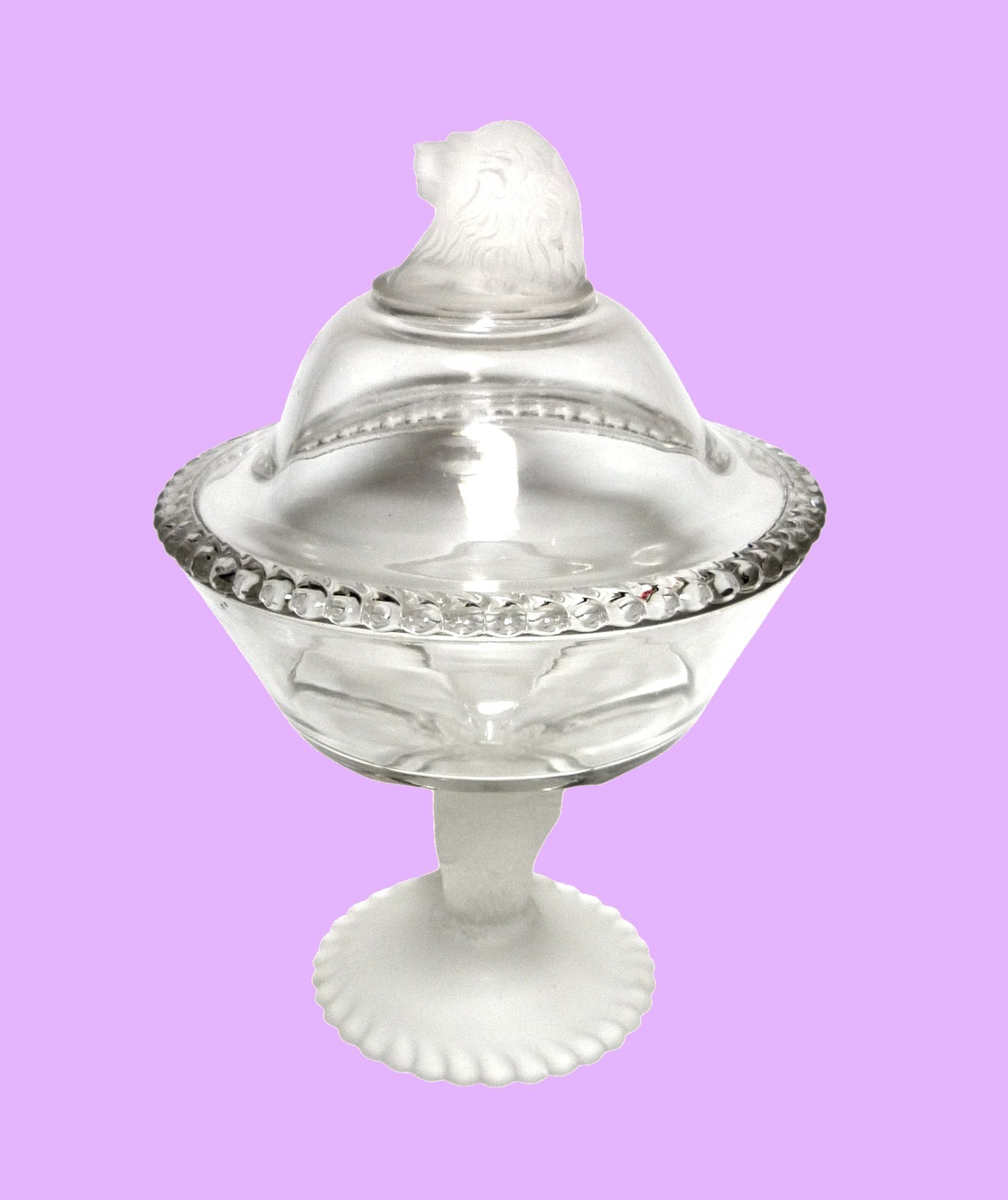 ANTIQUE – 1877 EAPG GILLINDER & SONS, PHILA FROSTED LION LIDDED COMPOTE 12″ TALL
