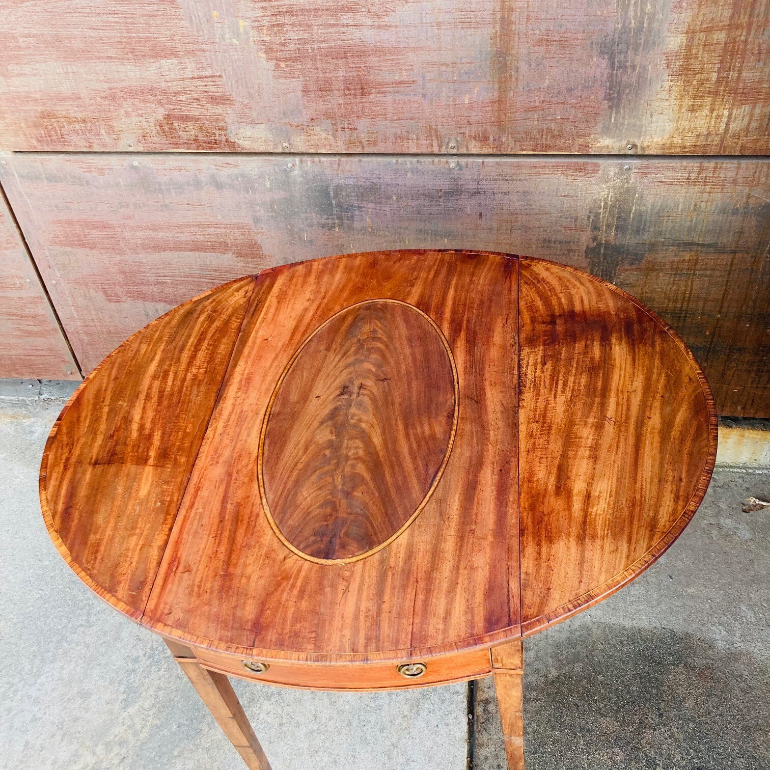 Antique New England Drop Leaf Table, Walnut Satinwood Brass Pembroke Table