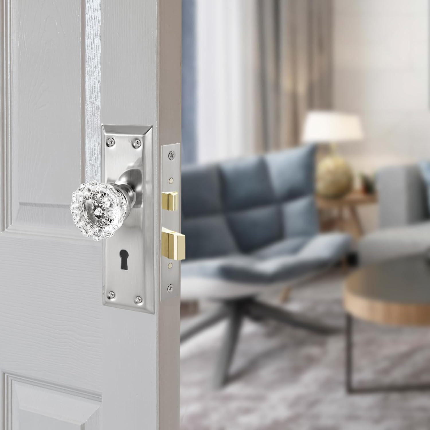 Upgraded Mortise Lock Set for Interior Door, Antique Vintage Style Crystal Glass