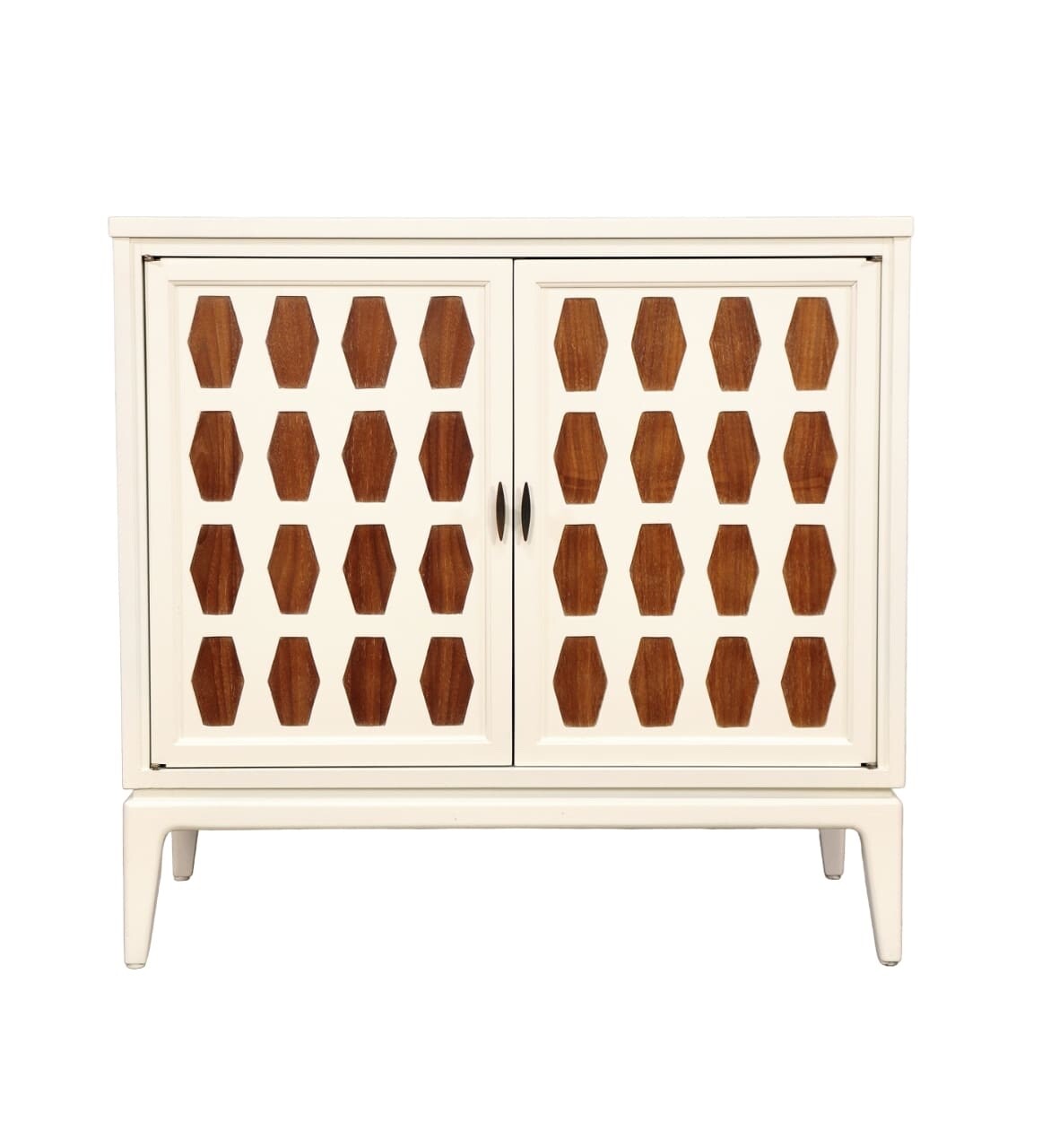 Mid-Century Cameo White Lacquered Brass Walnut Hex Credenza Bar Cabinet Commode