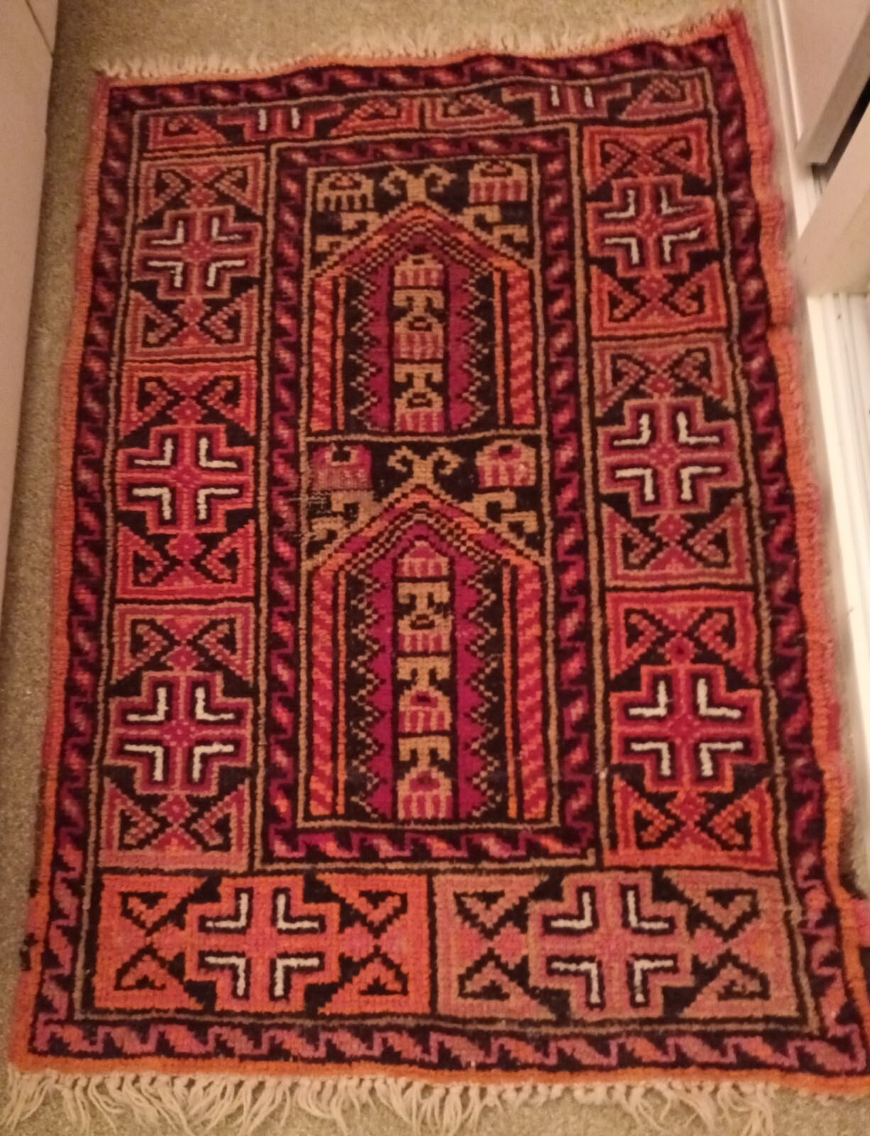 Afghan Handmade Vintage 109cm x 76cm Red Orange, Black in very good condition