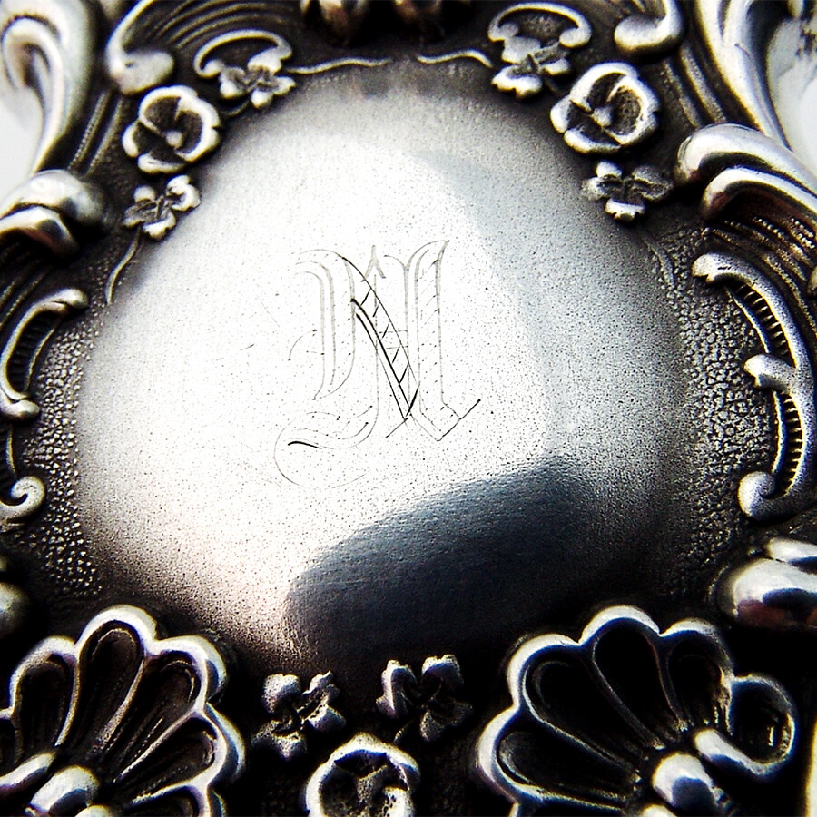 High Relief Match Safe Repousse Scroll Shell Sterling Silver 1900 Mono N