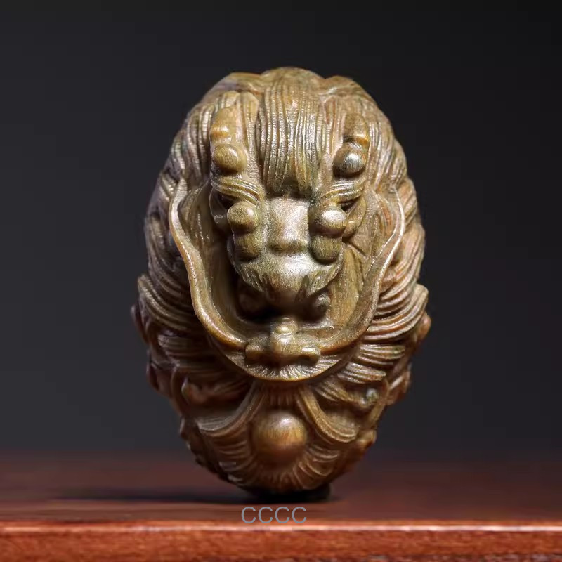 4.5*4.8*6.6cm Hand Carved Green Sandalwood Netsuke: LUCKY DRAGON 祥龙吐珠