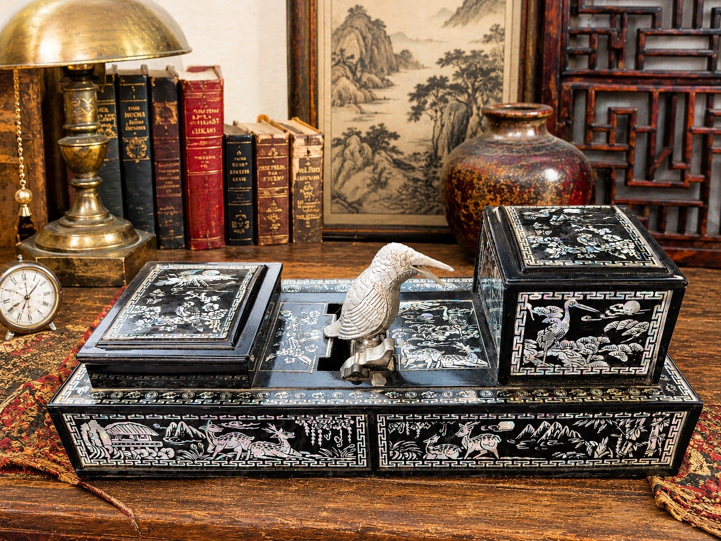 Vintage Oriental Inspired Celluloid Mechanical Cigarette Dispenser Black