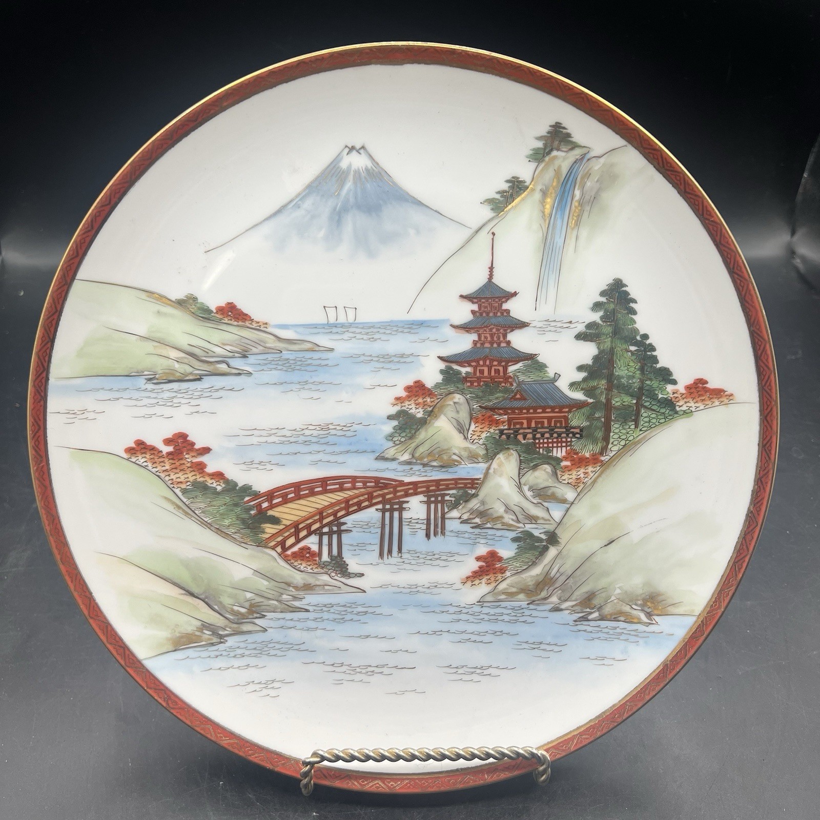 Japanese Porcelain Plate Hand Painted Pagodas Waterfall Mt. Fuji Vintage Red Rim