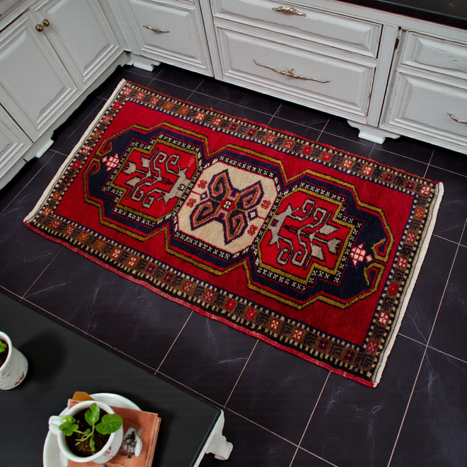Vintage Turkish Rug Handmade Small Rug, Wool Doormat, Kitchen Rug, 2×3 ft approx