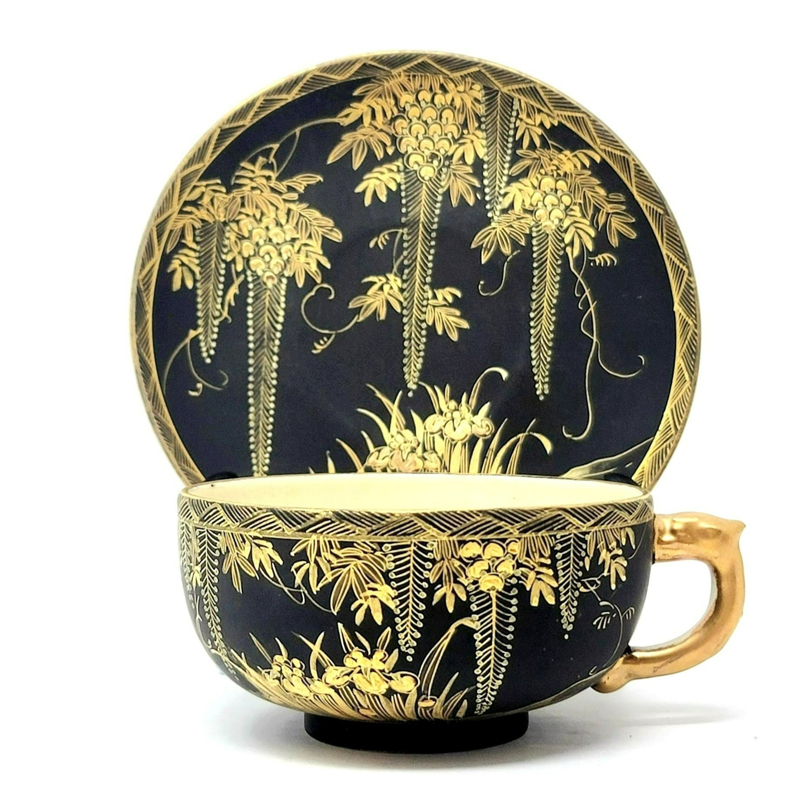 Satsuma Tea Cup & Saucer Japanese Black Matte Gold Wisteria Meiji Period Antique