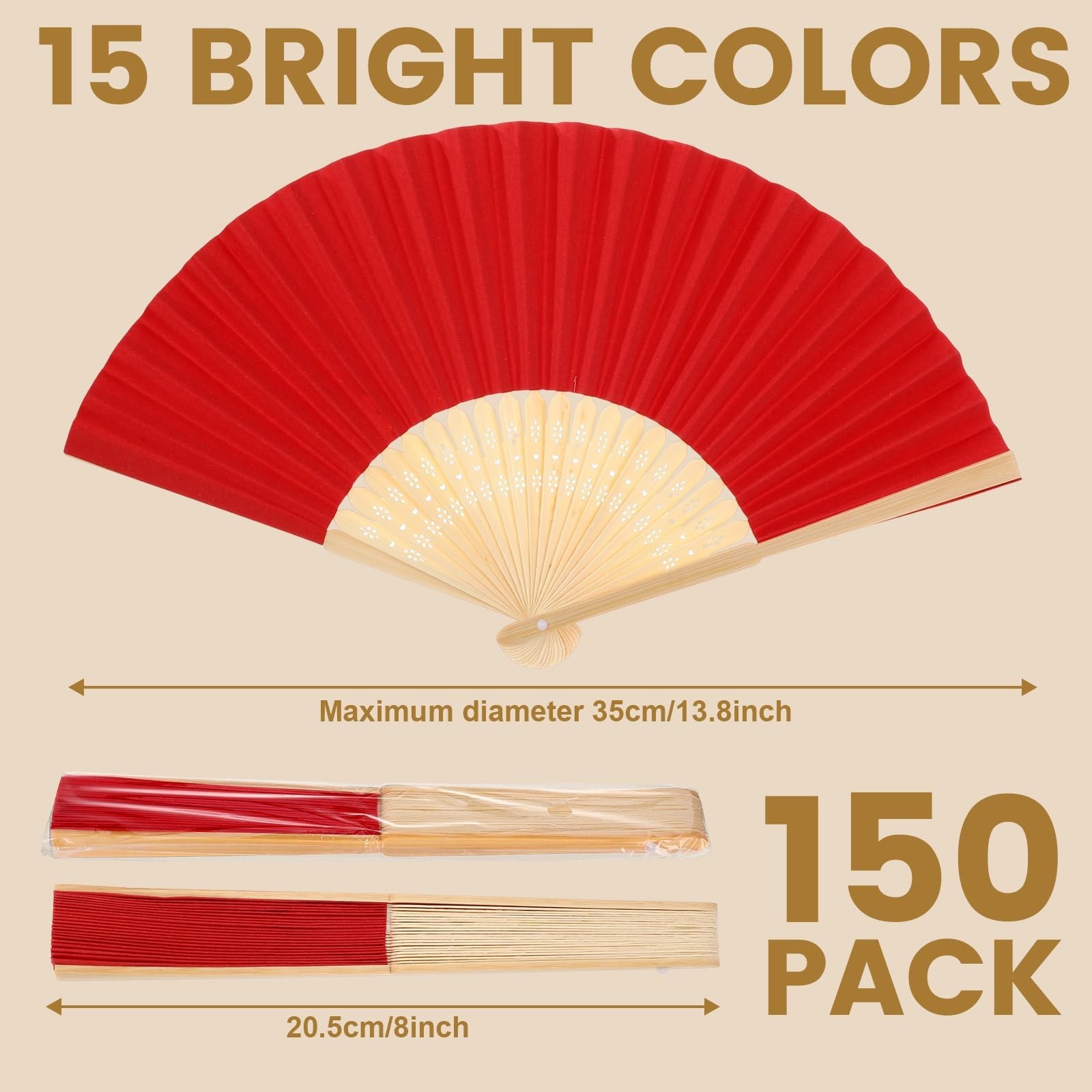 Qunclay 150 Pcs Bright Color Paper Hand Fans Bulk Bamboo Folding Handheld Wed…