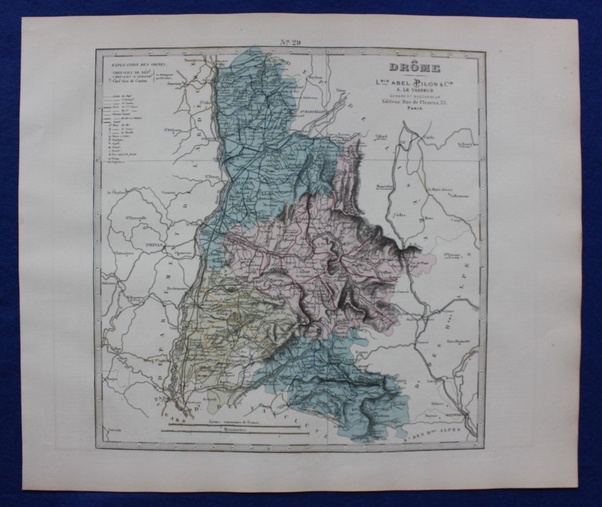 Original antique map DROME, FRANCE, VALENCE, Le Vasseur, 1878