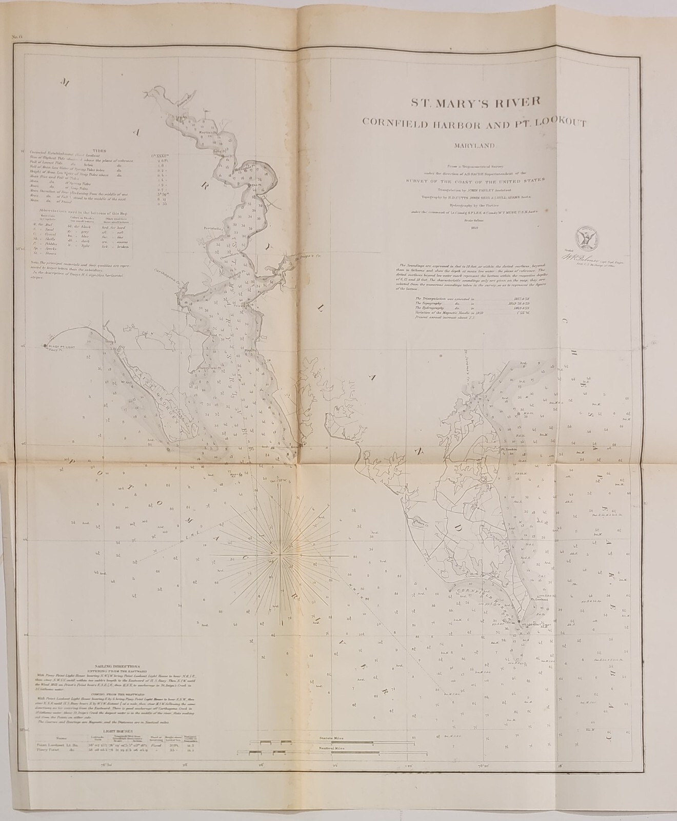 1859 U.S. Coast Survey chart map St. Mary’s River Cornfield Harbor Pt. Lookout