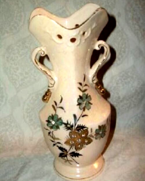 Cottagecore Pink Lusterware Jeweled Vase Japan HP Floral Gilt Vintage 1950s