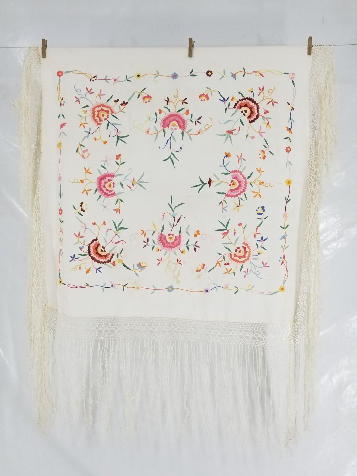Antique Chinese Silk Embroidered Floral Piano Shawl 35×35 inches