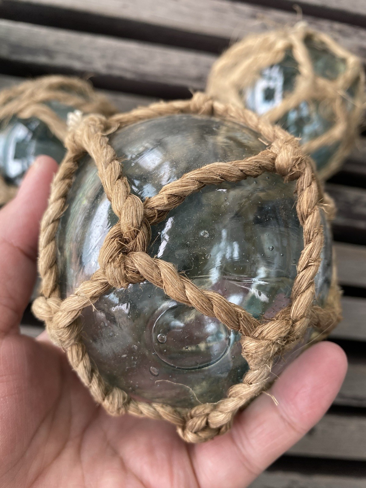 7 Authentic Japanese Glass Fishing Floats Original Hemp Nets 3.5-4″ Aqua
