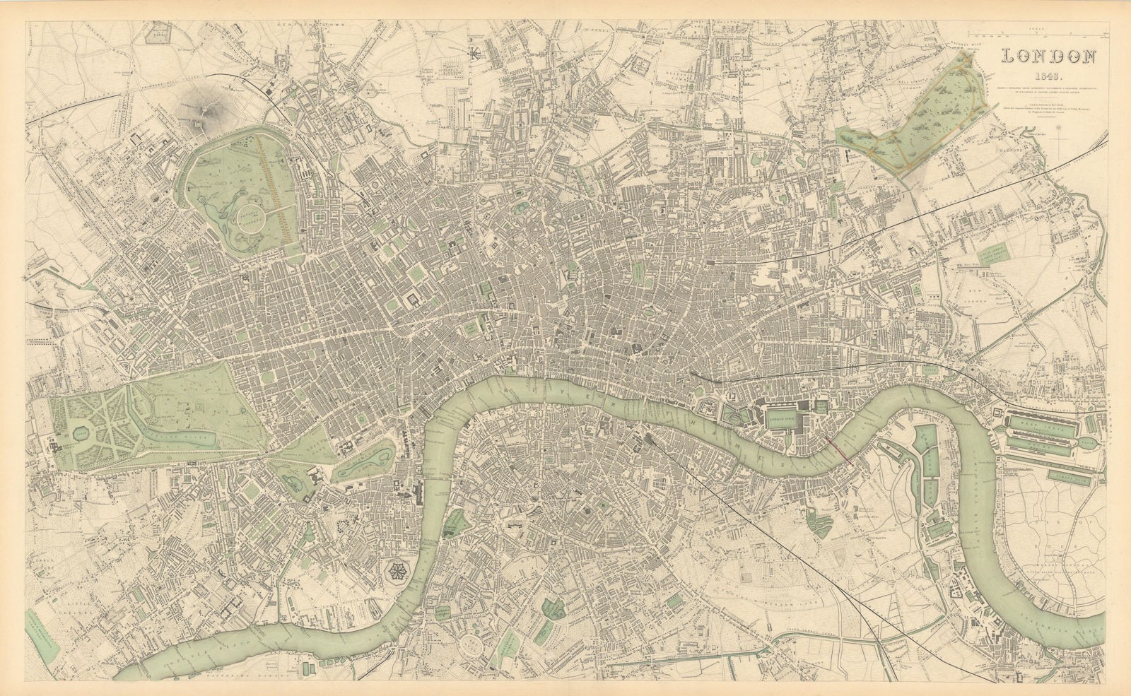LONDON in 1843 antique city town map plan LARGE 65×40 cm SDUK 1844 old
