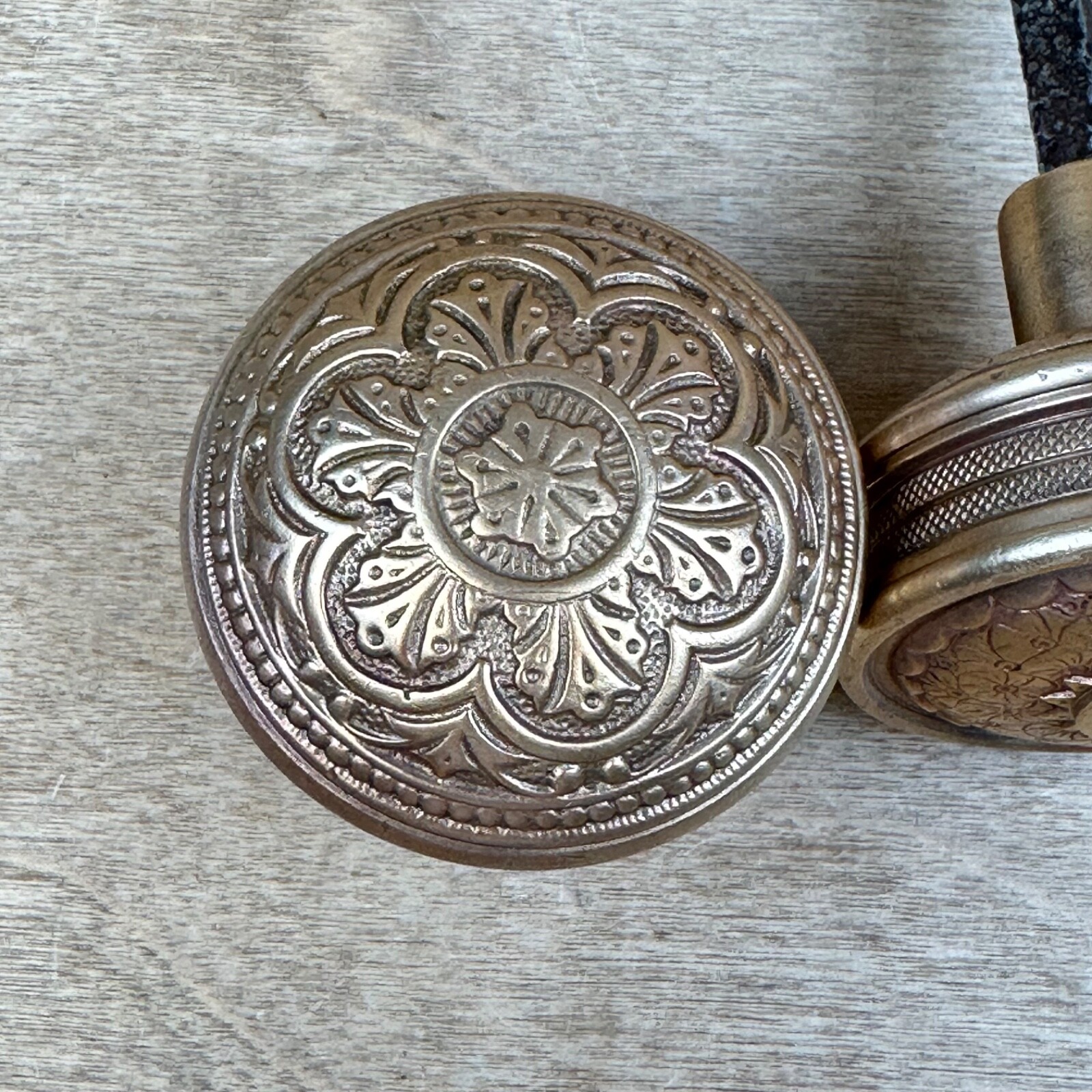 Antique Vintage Victorian Ornate Copper Door Knobs & Brass Turnkey? POLISHED