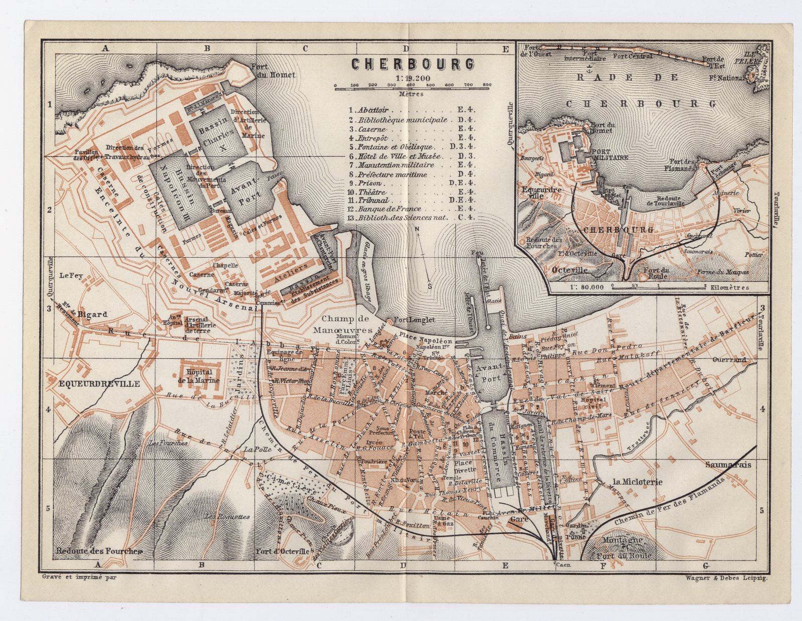 1909 ORIGINAL ANTIQUE CITY MAP OF CHERBOURG / NORMANDY NORMANDIE / FRANCE