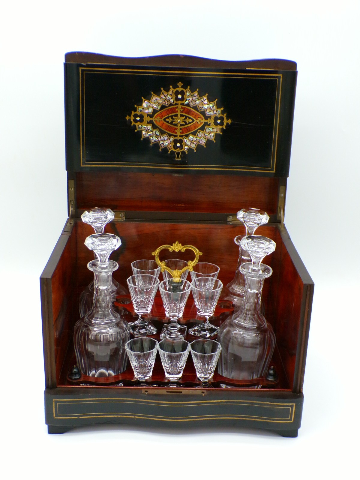 Antique French Napoleon III Wooden Tantalus Cabinet Cut Baccarat Liquor Barware