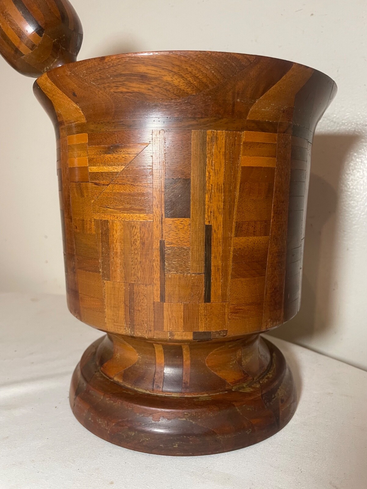 HUGE rare antique hand made turned carved wood marquetry mortar and pestle large
