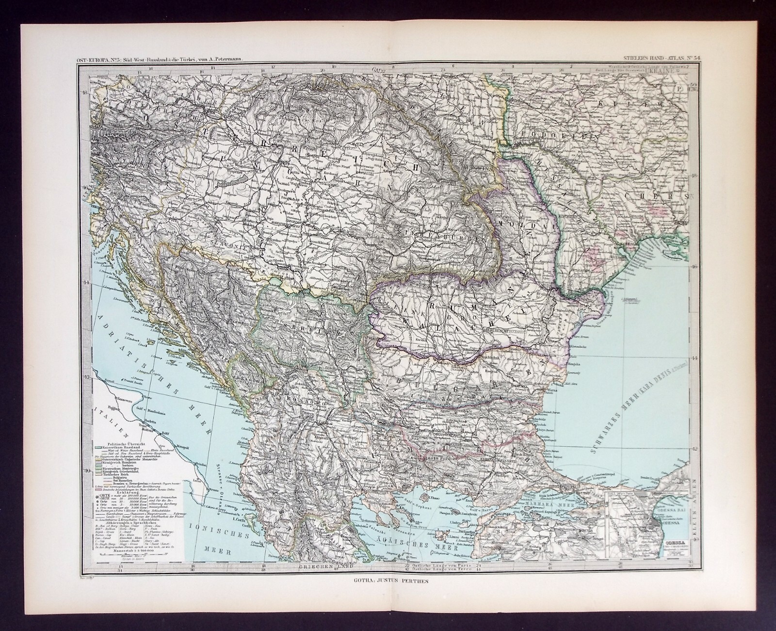BALKANS, SERBIA, CROATIA, BULGARIA, ROMANIA, original antique map, Stieler, 1889
