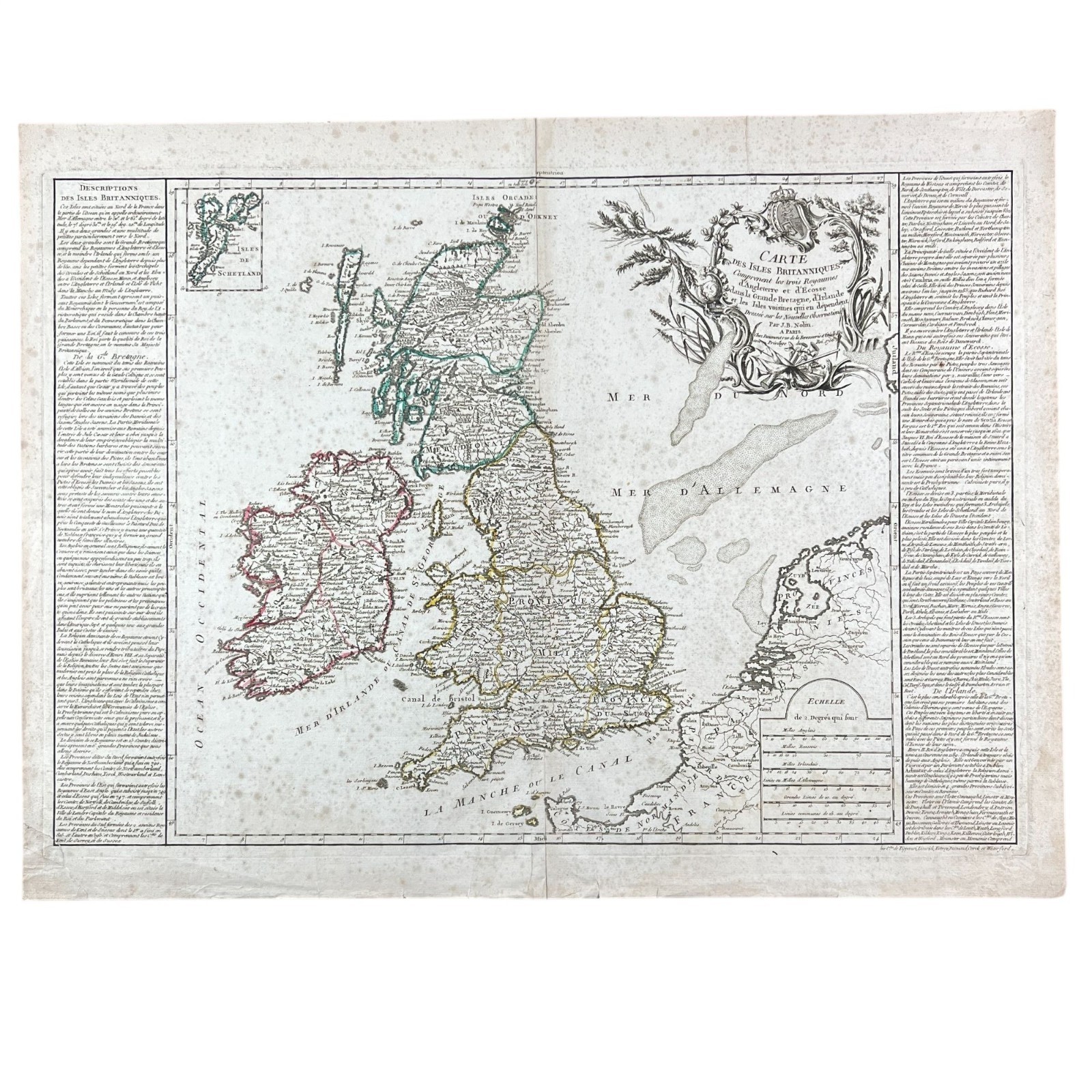 Antique 1756 Map British Isles Jean Baptiste Nolin Large Folio Hand Color Text