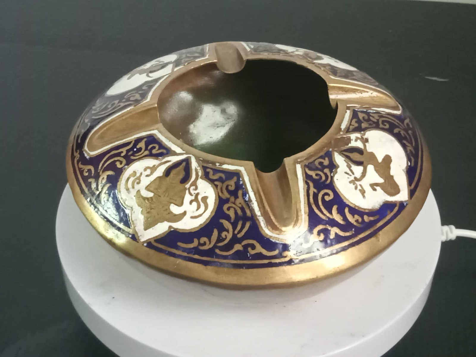 Antique Brass ashtray with enamel and thepphanom pattern ” FREE SHIP “