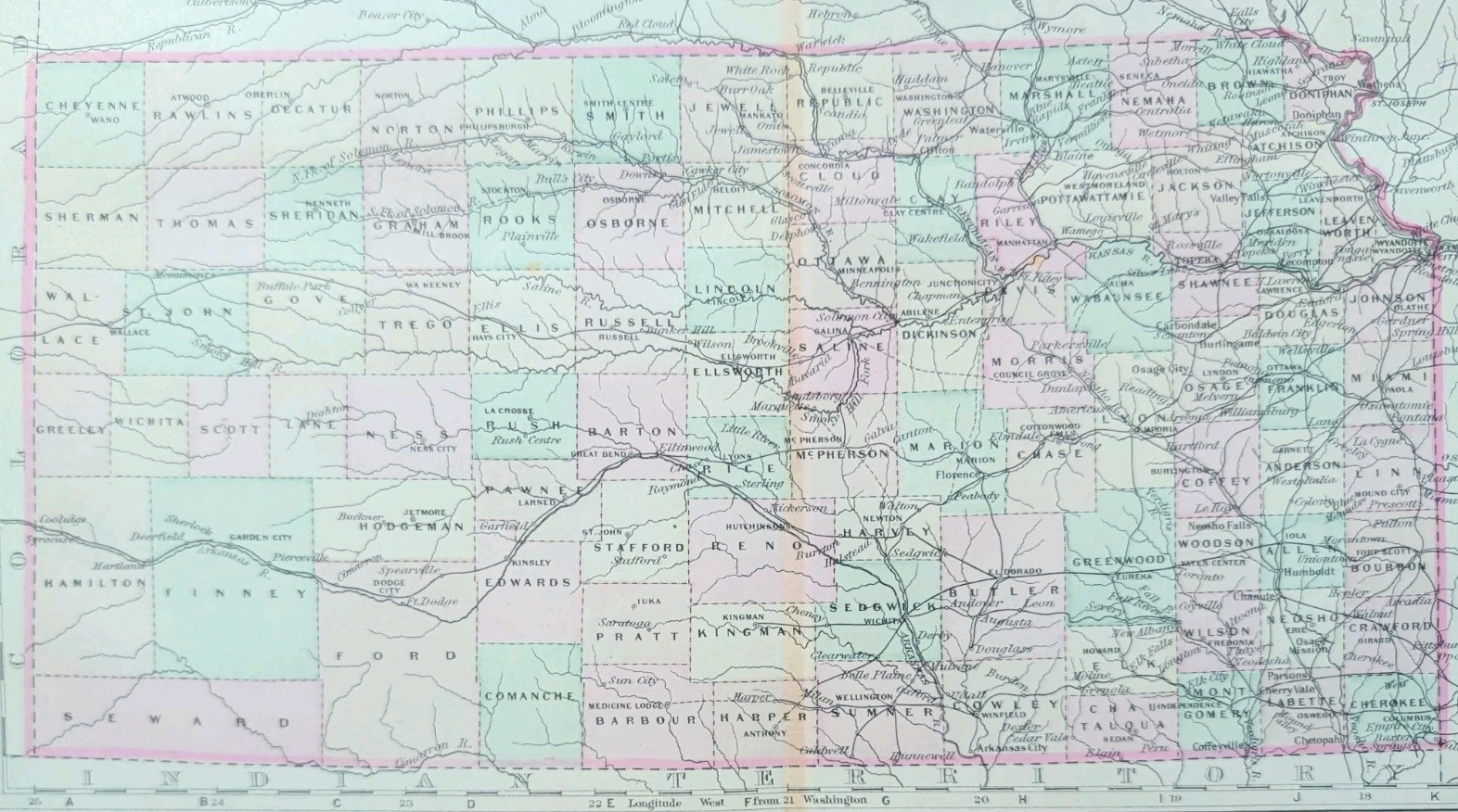Antique 1885 KANSAS Map ~ Authentic Old Original AJ JOHNSON COPPER PLATE