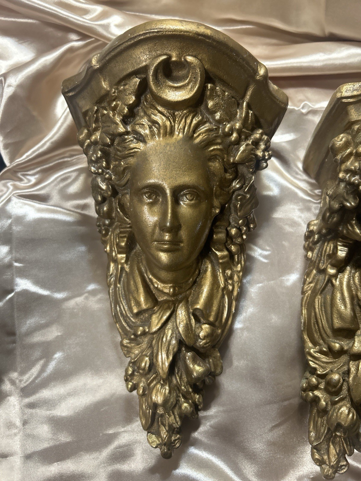 Vintage Gold Chalkware Neoclassical Maiden Wall Corbels Shelf Pair
