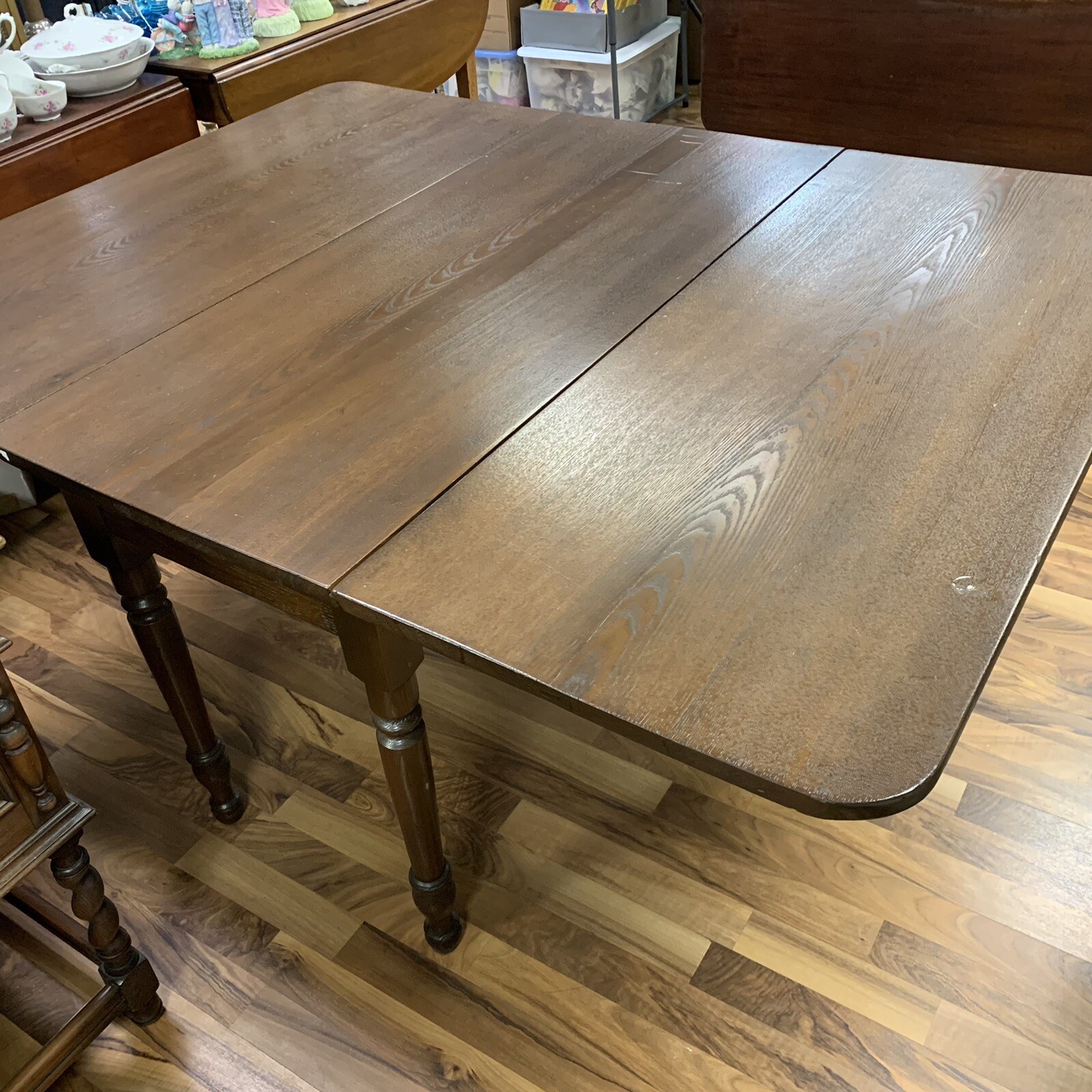 ATQ 1800s Primitive Hand Carved Solid Oak Wood Drop Leaf Table w/ Gate Legs 60”L