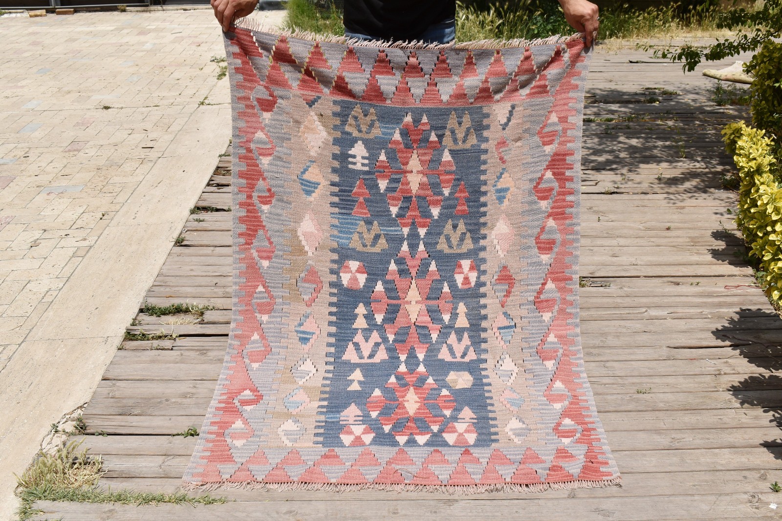 Turkish Rug 42”x62” Handwoven Kayseri Blue Kilim 108x158cm Oriental 3×5 Size